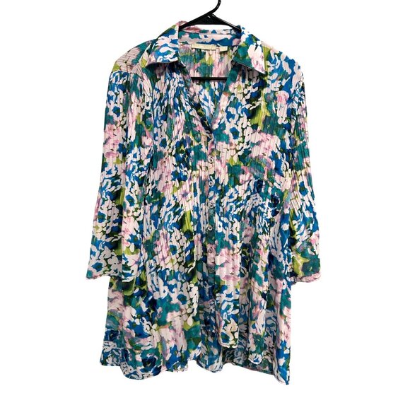 Sunny Leigh Womens Floral Pleated Sheer Blouse Multi-Color Button-Up Sz 1X - Picture 1 of 10